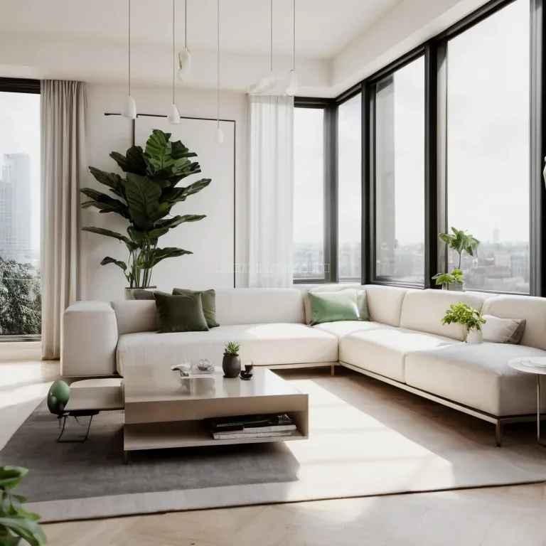 Luxury apartment interior with neutral palette and city view